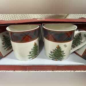 Spode Christmas  Mugs with Coaster set - Red and Green Plaid Trim